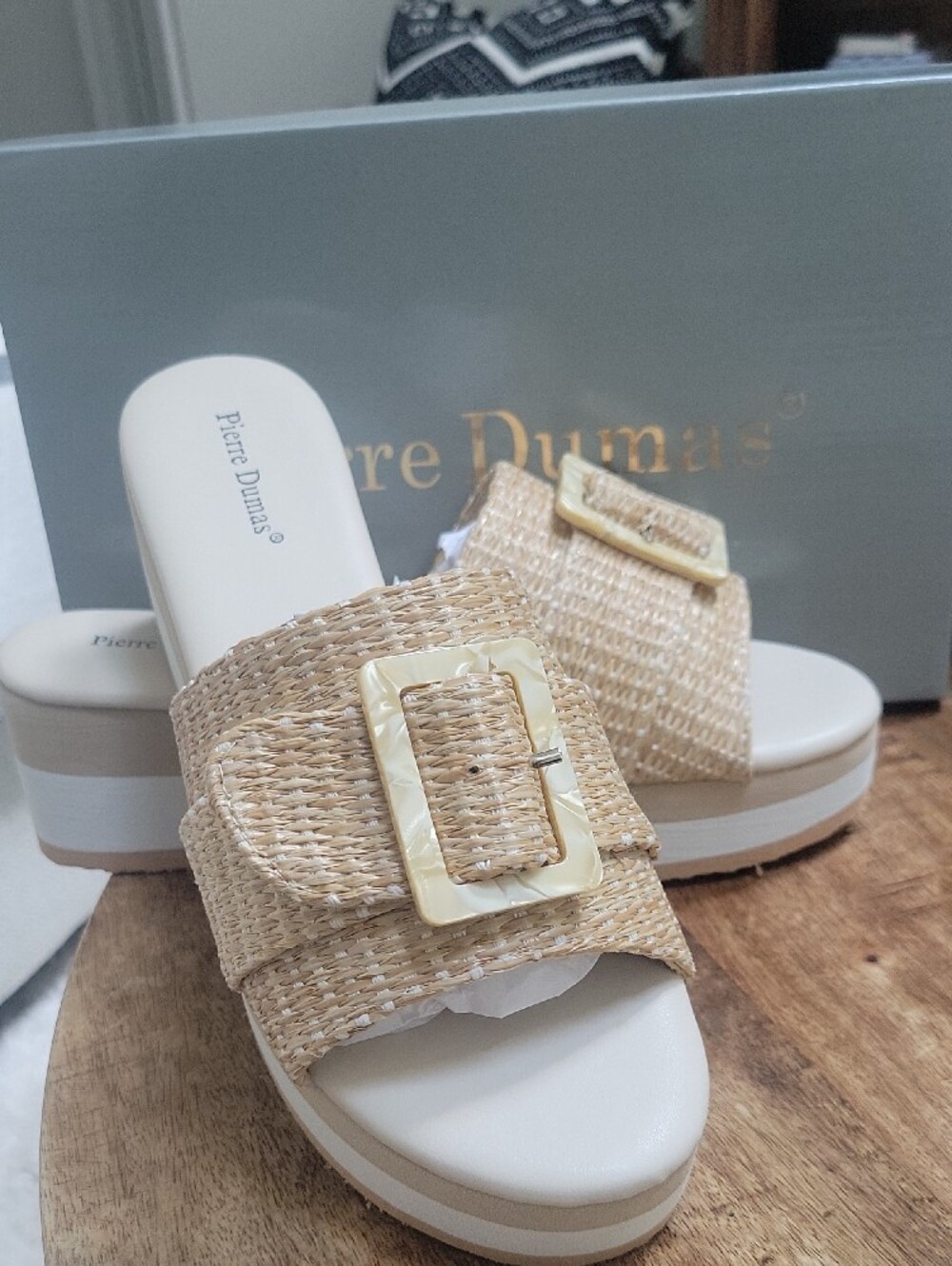 Pierre Dumas Natural Woven Platform Slide Sandals with Buckle Accent Size 9 - Picture 5 of 7